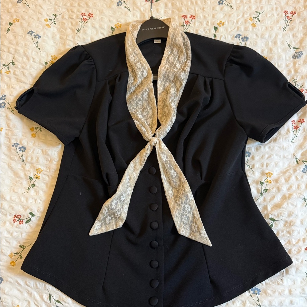 Unique Vintage Black Blouse with Cream Tie